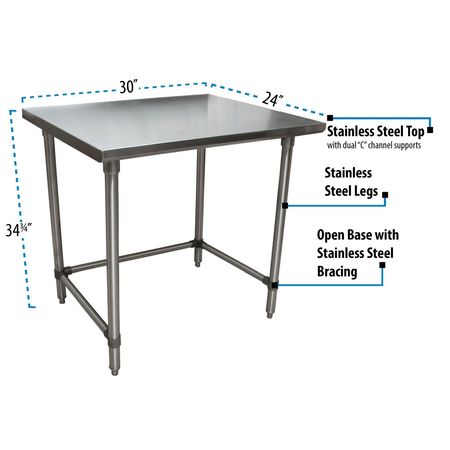 Bk Resources Stainless Steel Work Table With Open Base, Plastic Feet, 30"Wx24"D SVTOB-3024